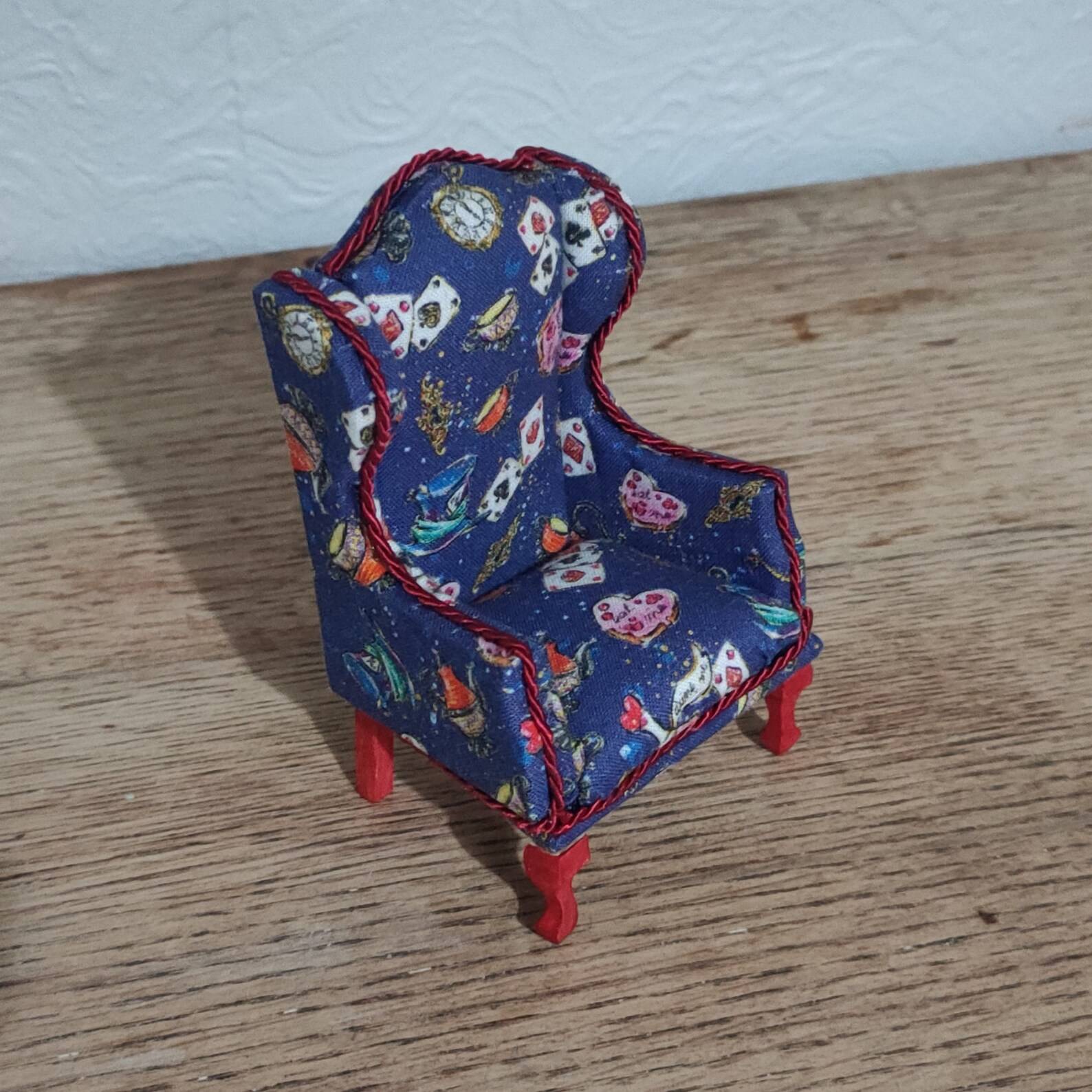 Red & Blue Alice in Wonderland 1/12 Scale Queen Anne Style Wing Backed Armchair - 1/12 Scale Dolls House Armchair - Floral Chair - Dollhouse Furniture - Image 4