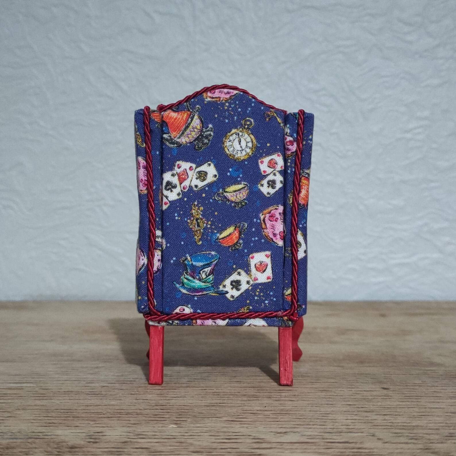 Red & Blue Alice in Wonderland 1/12 Scale Queen Anne Style Wing Backed Armchair - 1/12 Scale Dolls House Armchair - Floral Chair - Dollhouse Furniture - Image 3